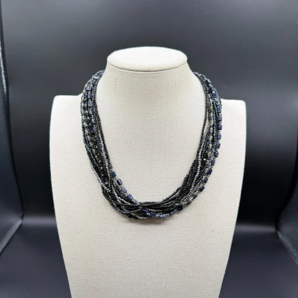 Multi Strand Black Gray Blue Beaded Statement Necklace Layered Boho AdjustableMu